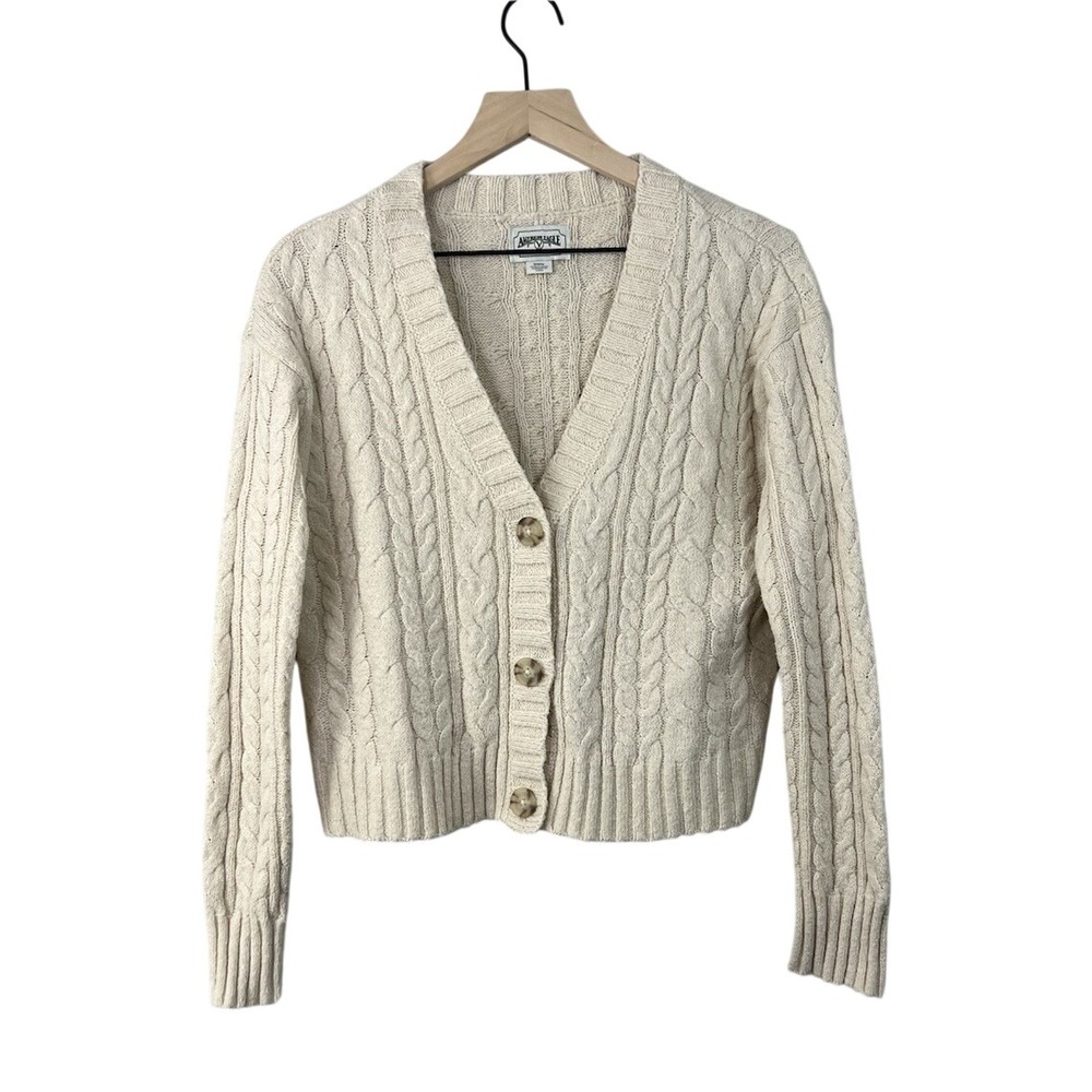 American Eagle Cable Knit‎ Cardigan Sweater Cream Ivory Button Front Womens Med